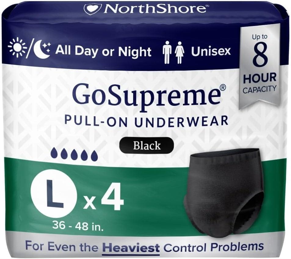 image:imageNorthShore GoSupreme Overnight PullOn Underwear 8Hour Leak Protection Small 14Count Bag Black 2232 in Waist Unisex Adult DiapersBlack