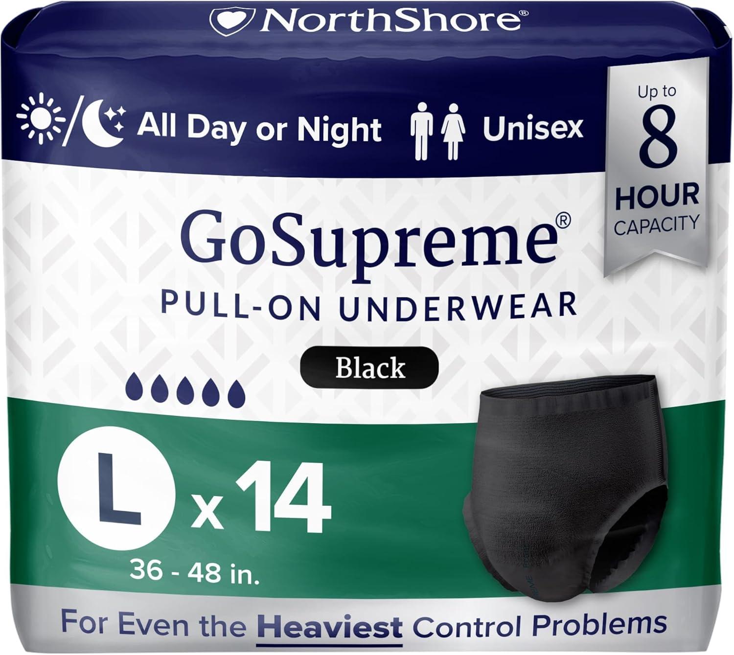 image:imageNorthShore GoSupreme Overnight PullOn Underwear 8Hour Leak Protection Small 14Count Bag Black 2232 in Waist Unisex Adult DiapersBlack