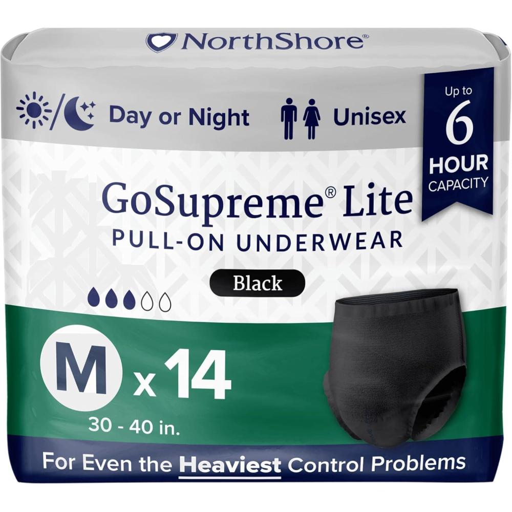 image:imageNorthShore GoSupreme Lite Incontinence Underwear 6Hour Pullup Style Medium 14 Count Bag Black 3040 inches Unisex Adult DiapersBlack