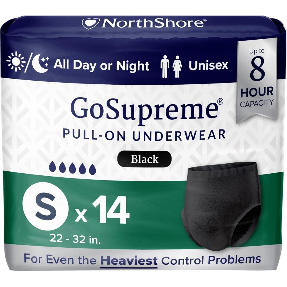 image:imageNorthShore GoSupreme Overnight PullOn Underwear 8Hour Leak Protection Small 14Count Bag Black 2232 in Waist Unisex Adult DiapersBlack