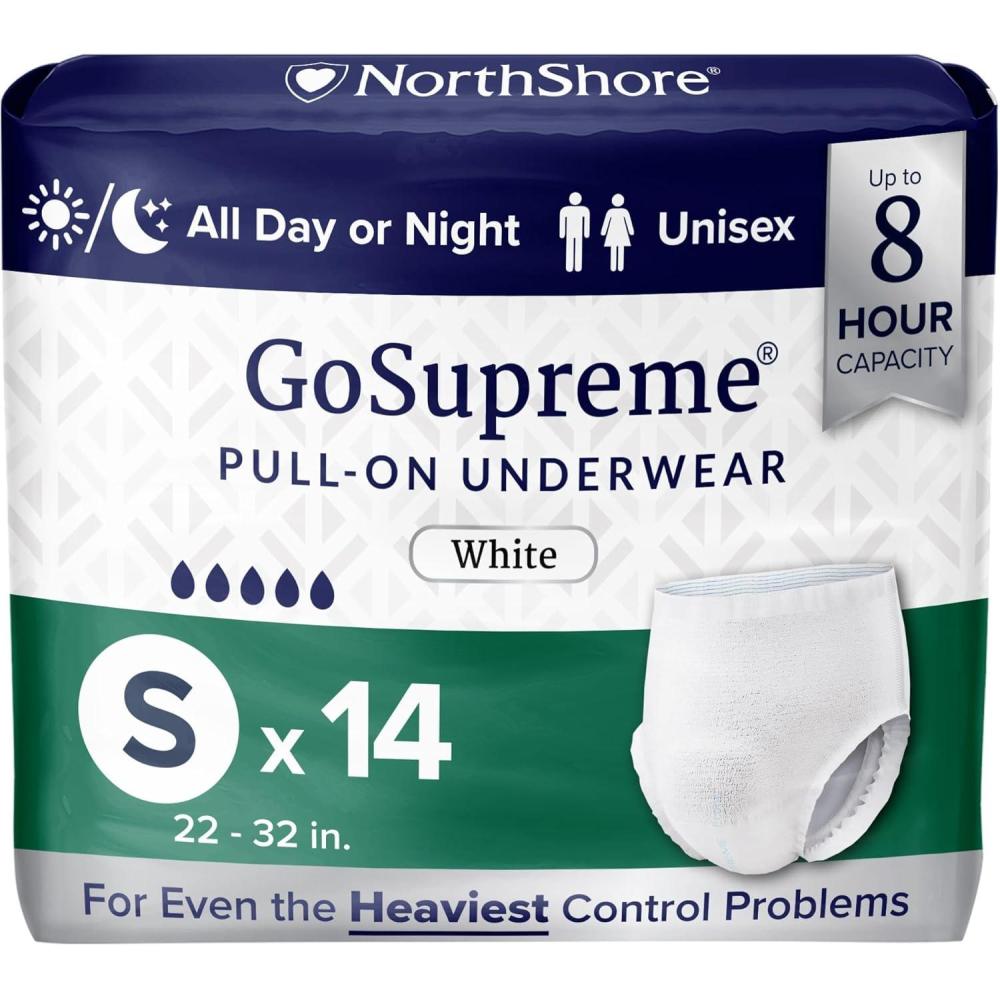 image:imageNorthShore GoSupreme Overnight PullOn Underwear 8Hour Leak Protection Small 14Count Bag Black 2232 in Waist Unisex Adult DiapersWhite