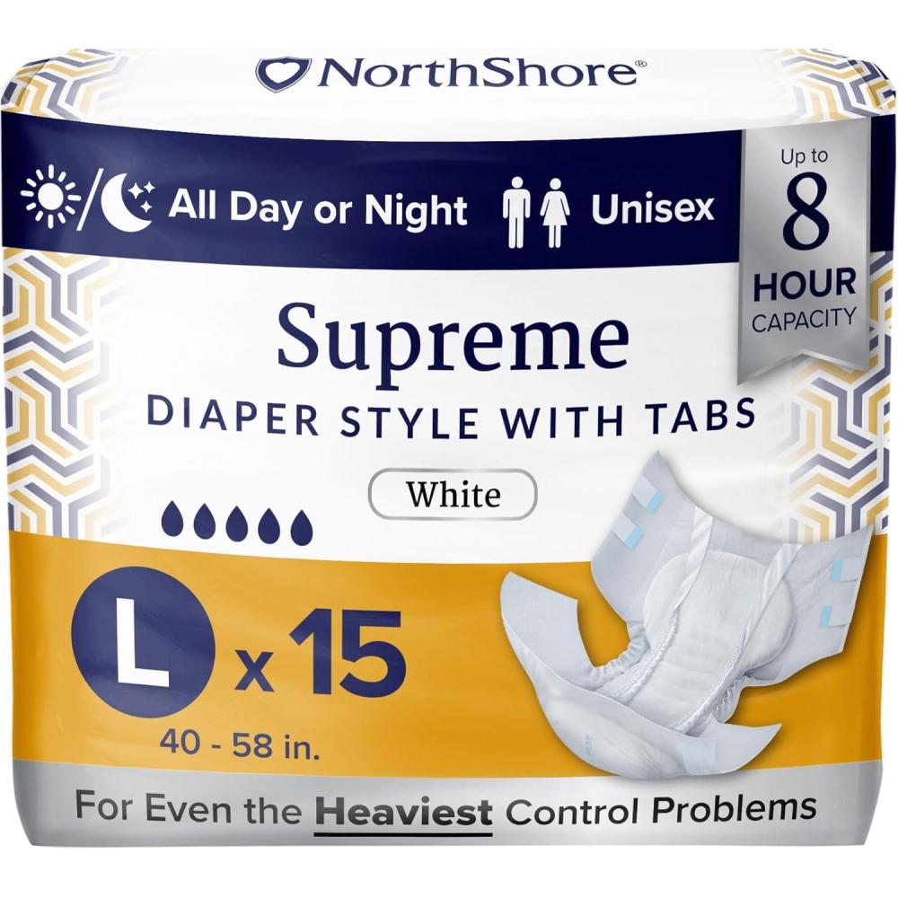 image:imageNorthShore Supreme TabStyle Briefs for Men and Women White Medium 60 CountLarge 15 Count
