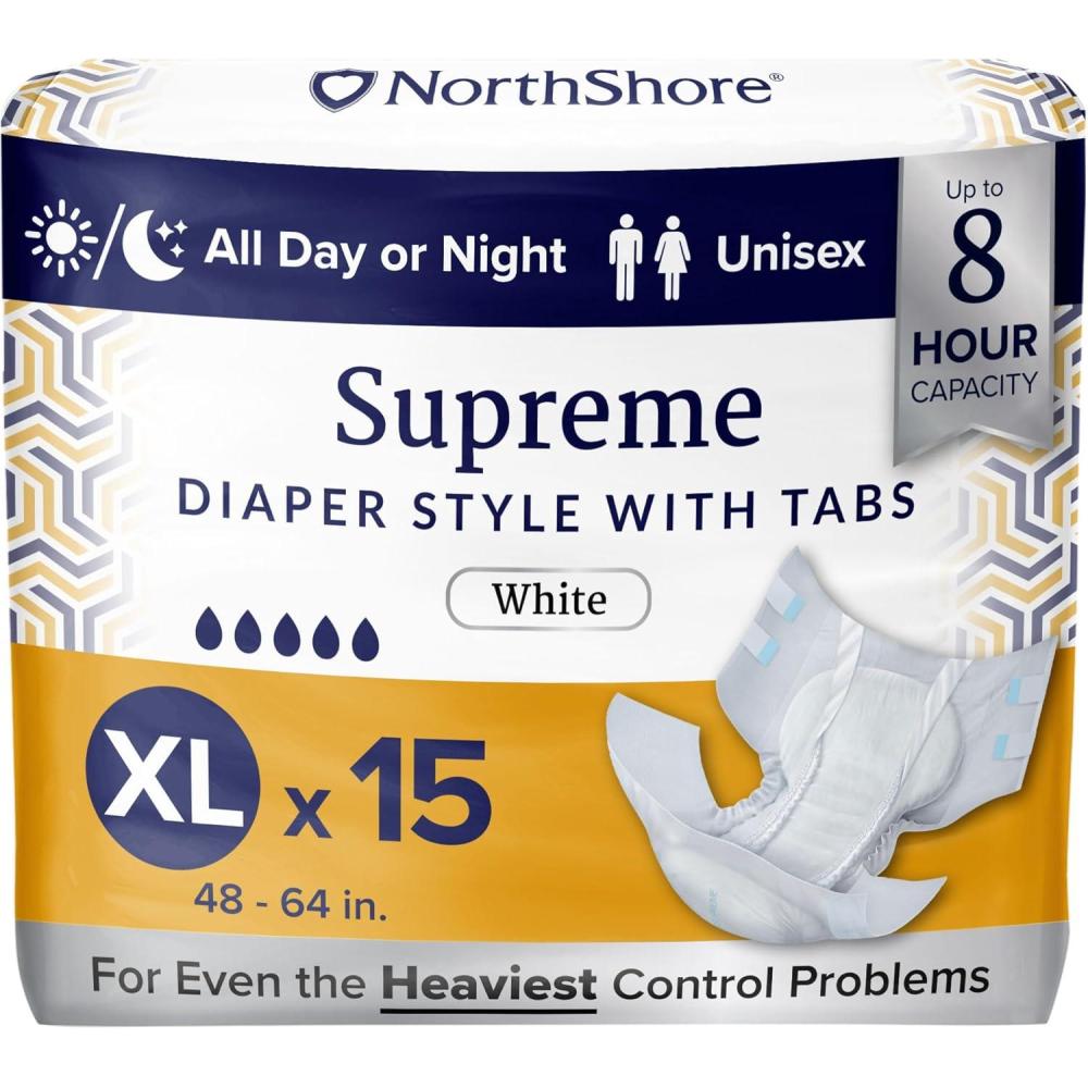 image:imageNorthShore Supreme TabStyle Briefs for Men and Women White Medium 60 CountXLarge Pack of 15