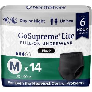 NorthShore GoSupreme Lite Incontinence Underwear, 6-Hour Pullup Style, Medium, 14 Count Bag, Black, 30-40 inches, Unisex Adult Diapers(Black)
