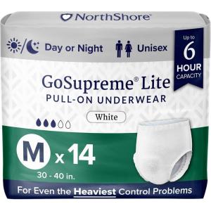 NorthShore GoSupreme Lite Incontinence Underwear, 6-Hour Pullup Style, Medium, 14 Count Bag, Black, 30-40 inches, Unisex Adult Diapers(White)