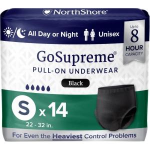 NorthShore GoSupreme Overnight Pull-On Underwear, 8-Hour Leak Protection, Small, 14-Count Bag, Black, (22-32 in Waist), Unisex Adult Diapers(Black)