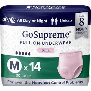 NorthShore GoSupreme Overnight Pull-On Underwear, 8-Hour Leak Protection, Small, 14-Count Bag, Black, (22-32 in Waist), Unisex Adult Diapers(Pink)