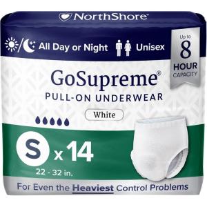 NorthShore GoSupreme Overnight Pull-On Underwear, 8-Hour Leak Protection, Small, 14-Count Bag, Black, (22-32 in Waist), Unisex Adult Diapers(White)