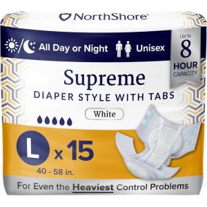 NorthShore Supreme Tab-Style Briefs for Men and Women (White, Medium, 60 Count)(Large  15 Count)
