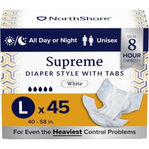 NorthShore Supreme Tab-Style Briefs for Men and Women (White, Medium, 60 Count)(Large (45 Count))