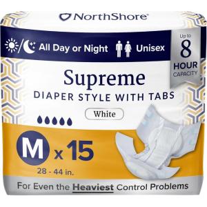 NorthShore Supreme Tab-Style Briefs for Men and Women (White, Medium, 60 Count)(Medium  15 Count)