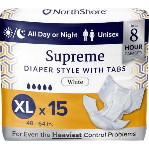 NorthShore Supreme Tab-Style Briefs for Men and Women (White, Medium, 60 Count)(X-Large (Pack of 15))