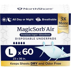 Northshore MagicSorb Air, 36 x 48, 96 oz, Super-Absorbent Extra Long Underpads, 2XL, Case/30 (5/6s)(Large 23×36 Inch (60 Count))