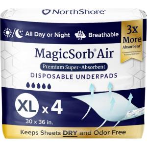 Northshore MagicSorb Air, 36 x 48, 96 oz, Super-Absorbent Extra Long Underpads, 2XL, Case/30 (5/6s)(X-Large 30×36 Inch (4 Count))