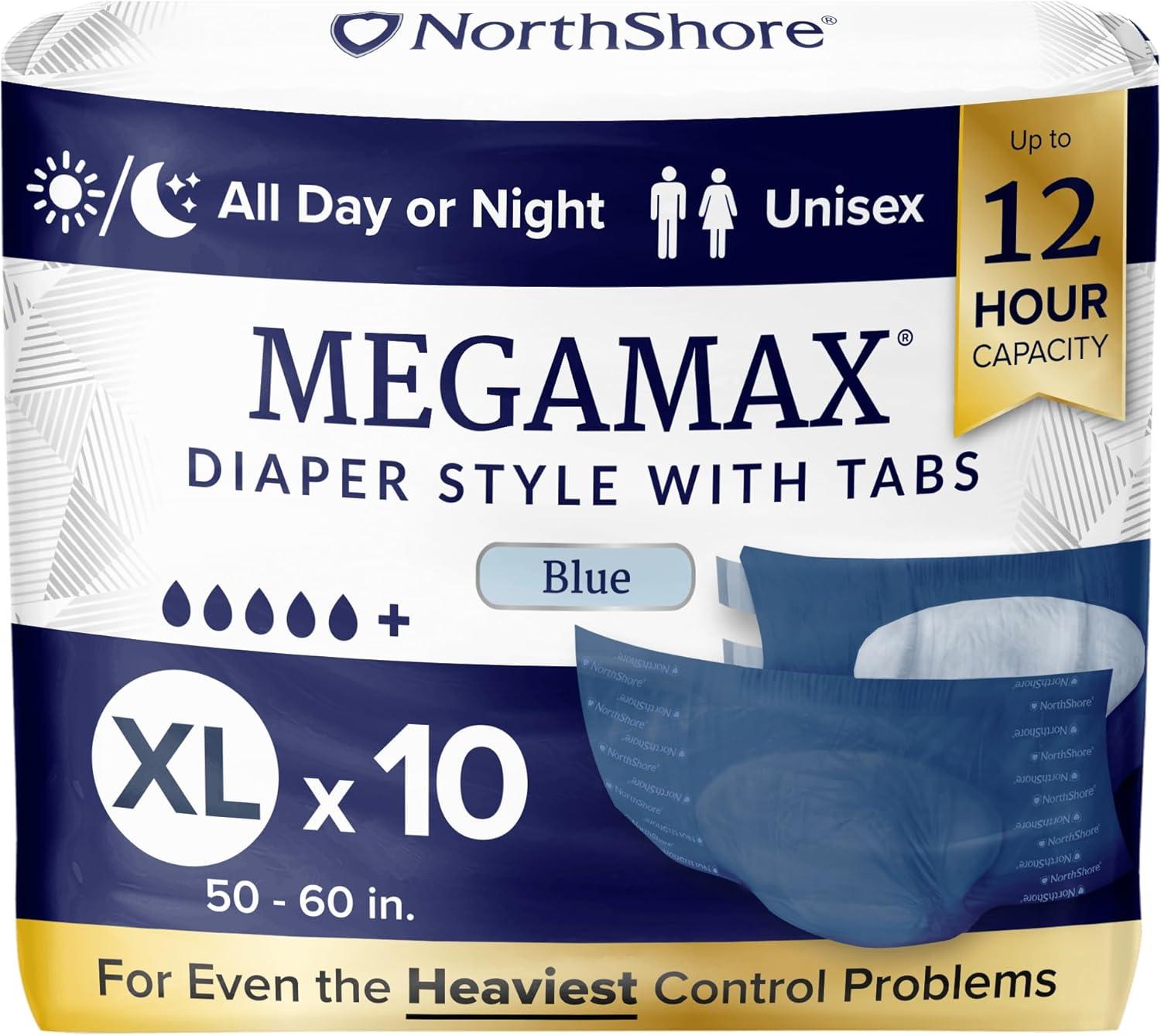 image:imageNorthShore MegaMax 12Hour HBL Adult Diapers for Heavy Bladder Leaks Medium 10 Count White 3244 inches TabStyle Incontinence Underwear for Men Women amp TeensBlue