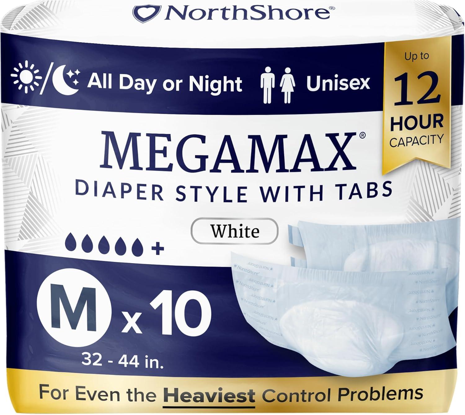 image:imageNorthShore MegaMax 12Hour HBL Adult Diapers for Heavy Bladder Leaks Medium 10 Count White 3244 inches TabStyle Incontinence Underwear for Men Women amp TeensWhite