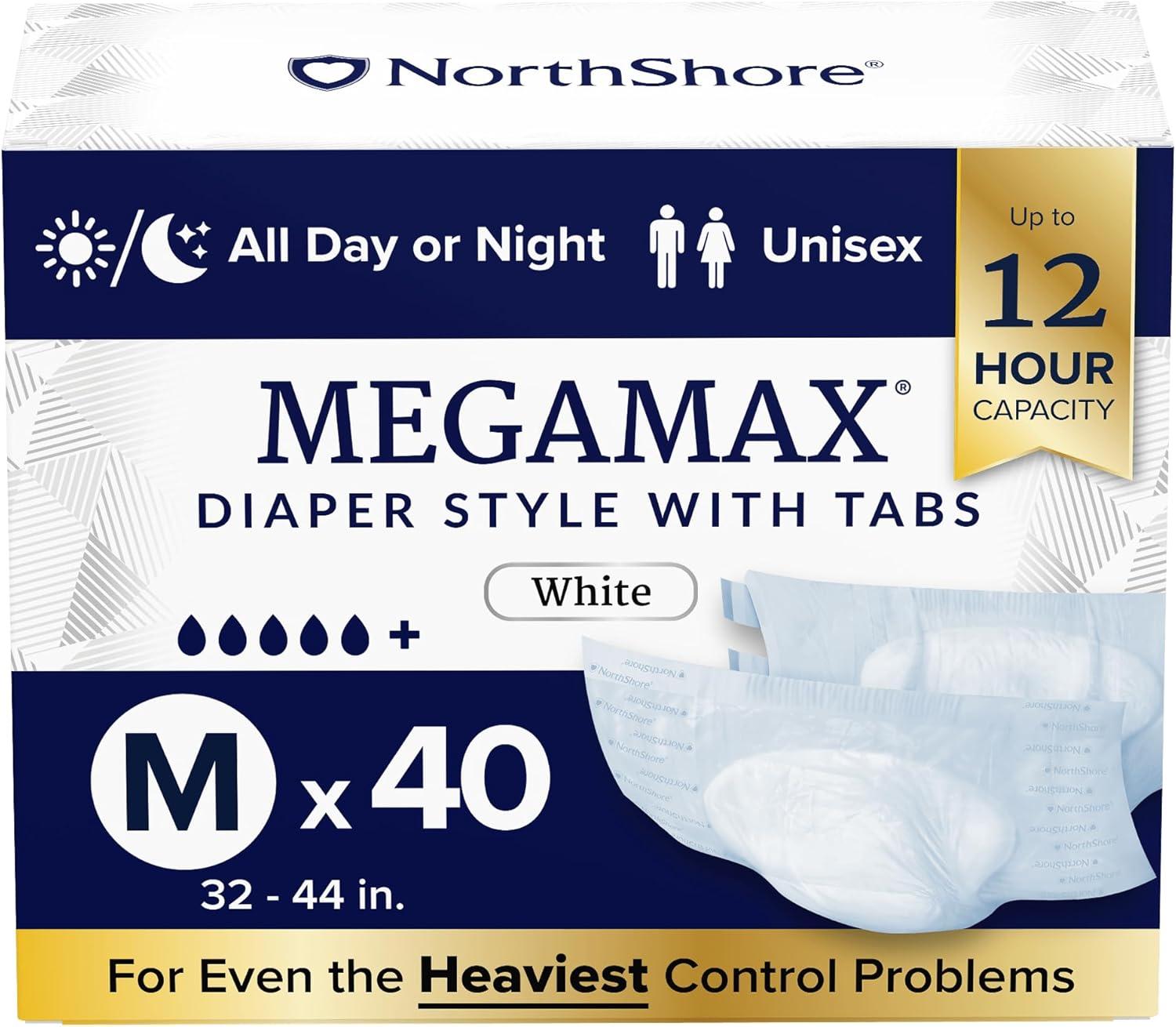 image:imageNorthShore MegaMax 12Hour HBL Adult Diapers for Heavy Bladder Leaks Medium 10 Count White 3244 inches TabStyle Incontinence Underwear for Men Women amp TeensWhite