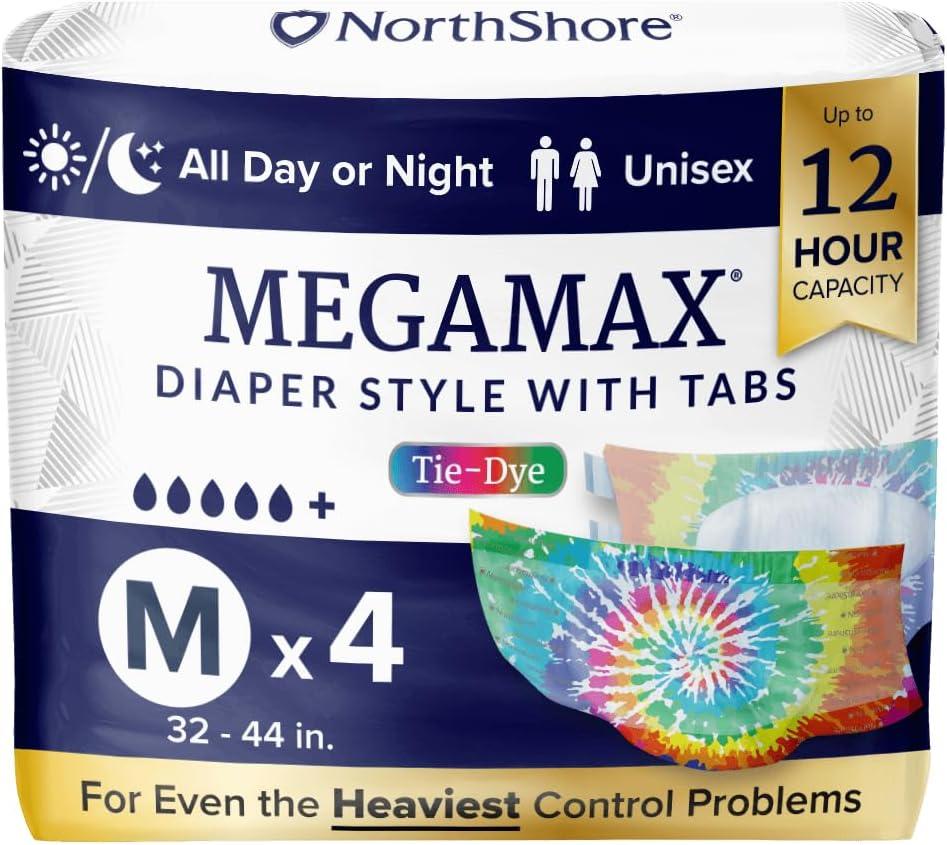 image:imageNorthShore MegaMax 12Hour HBL Adult Diapers for Heavy Bladder Leaks Medium 10 Count White 3244 inches TabStyle Incontinence Underwear for Men Women amp TeensTiedye