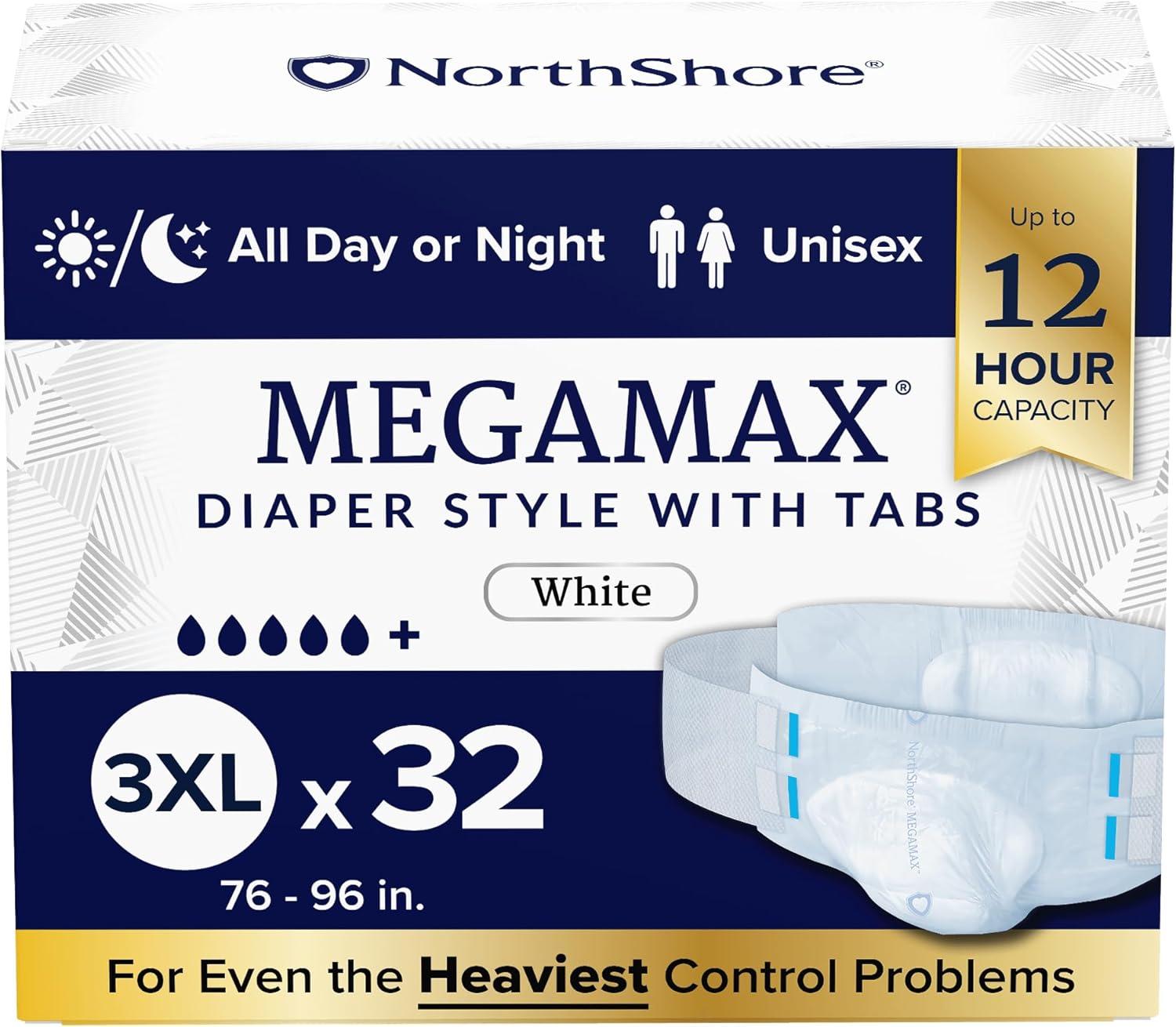 image:imageNorthShore MegaMax 12Hour HBL Adult Diapers for Heavy Bladder Leaks Medium 10 Count White 3244 inches TabStyle Incontinence Underwear for Men Women amp TeensWhite