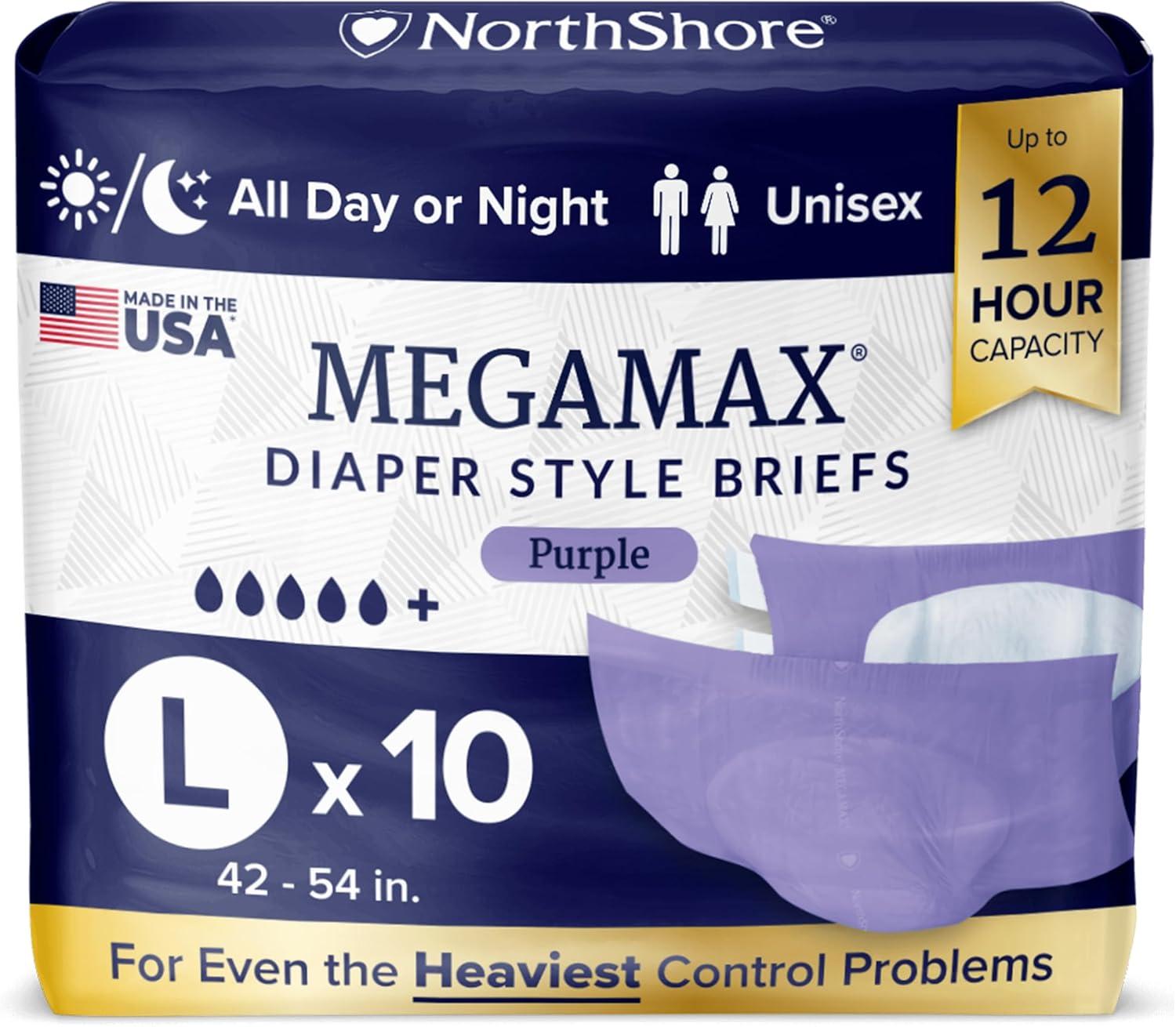 image:imageNorthShore MegaMax 12Hour HBL Adult Diapers for Heavy Bladder Leaks Medium 10 Count White 3244 inches TabStyle Incontinence Underwear for Men Women amp TeensPurple