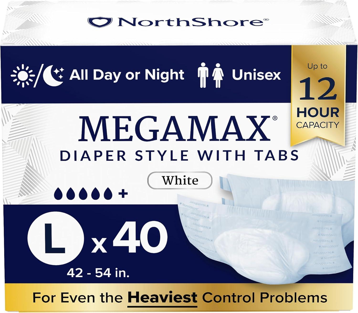 image:imageNorthShore MegaMax 12Hour HBL Adult Diapers for Heavy Bladder Leaks Medium 10 Count White 3244 inches TabStyle Incontinence Underwear for Men Women amp TeensWhite