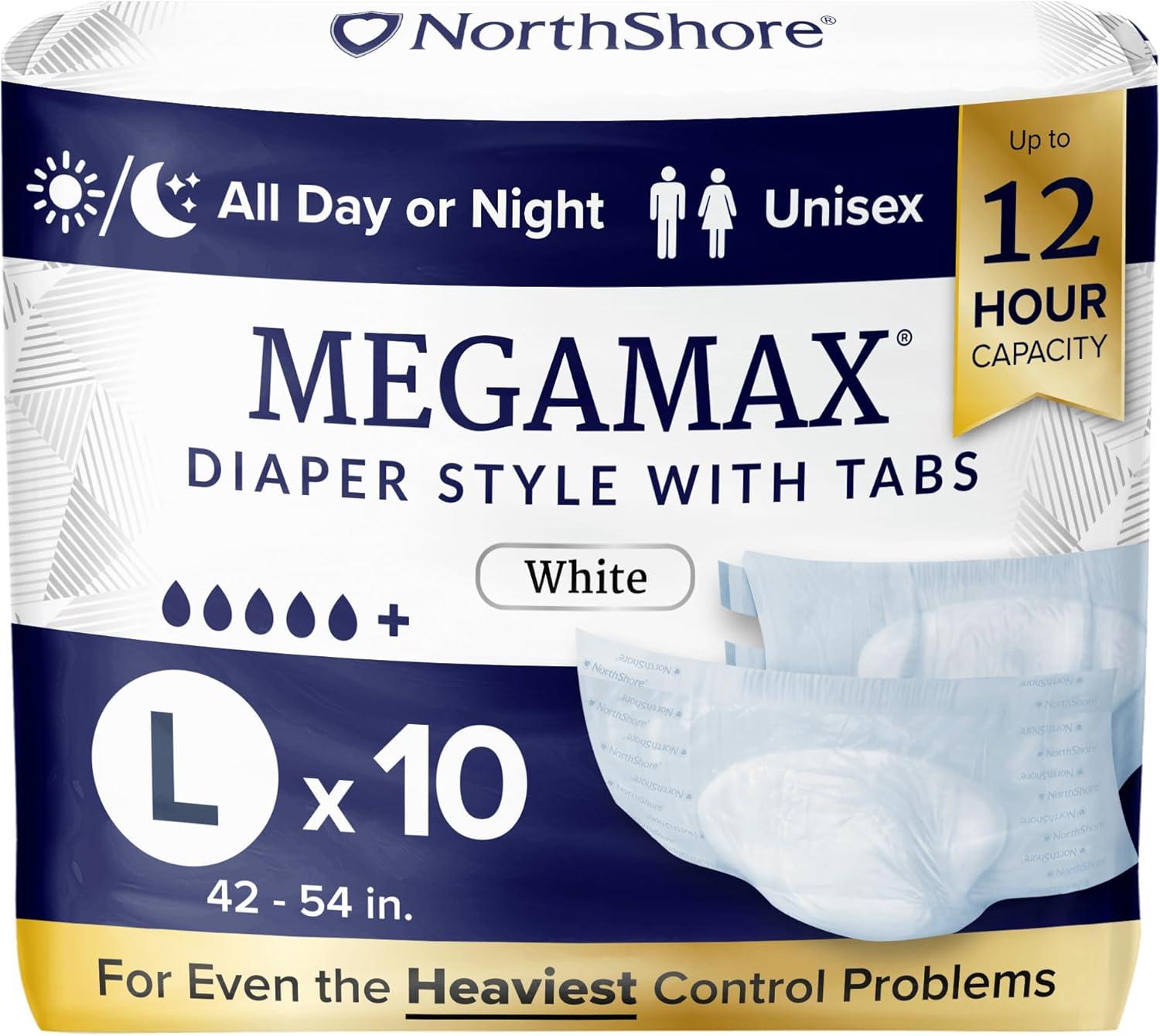 image:imageNorthShore MegaMax 12Hour HBL Adult Diapers for Heavy Bladder Leaks Medium 10 Count White 3244 inches TabStyle Incontinence Underwear for Men Women amp TeensWhite