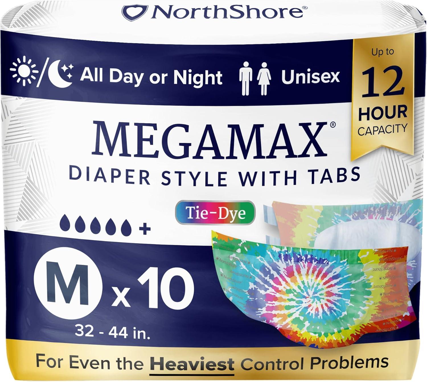 image:imageNorthShore MegaMax 12Hour HBL Adult Diapers for Heavy Bladder Leaks Medium 10 Count White 3244 inches TabStyle Incontinence Underwear for Men Women amp TeensTiedye