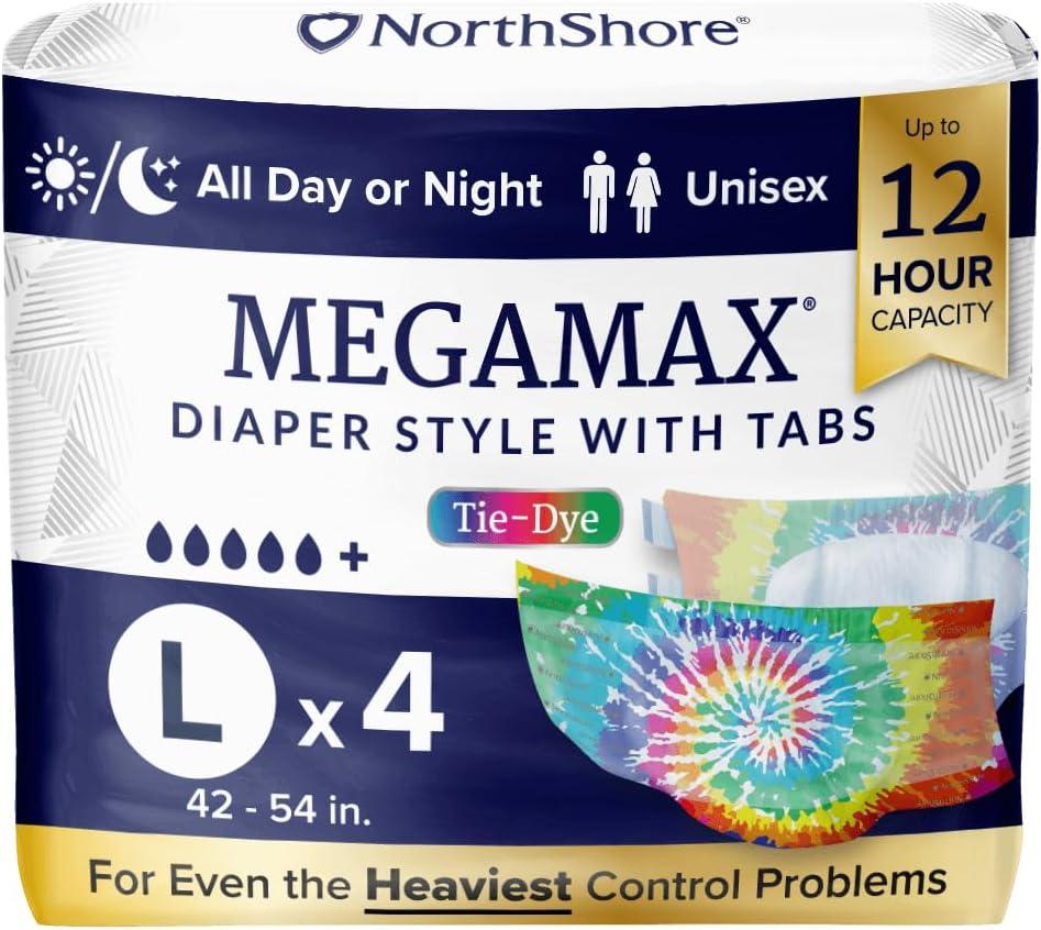 image:imageNorthShore MegaMax 12Hour HBL Adult Diapers for Heavy Bladder Leaks Medium 10 Count White 3244 inches TabStyle Incontinence Underwear for Men Women amp TeensTiedye