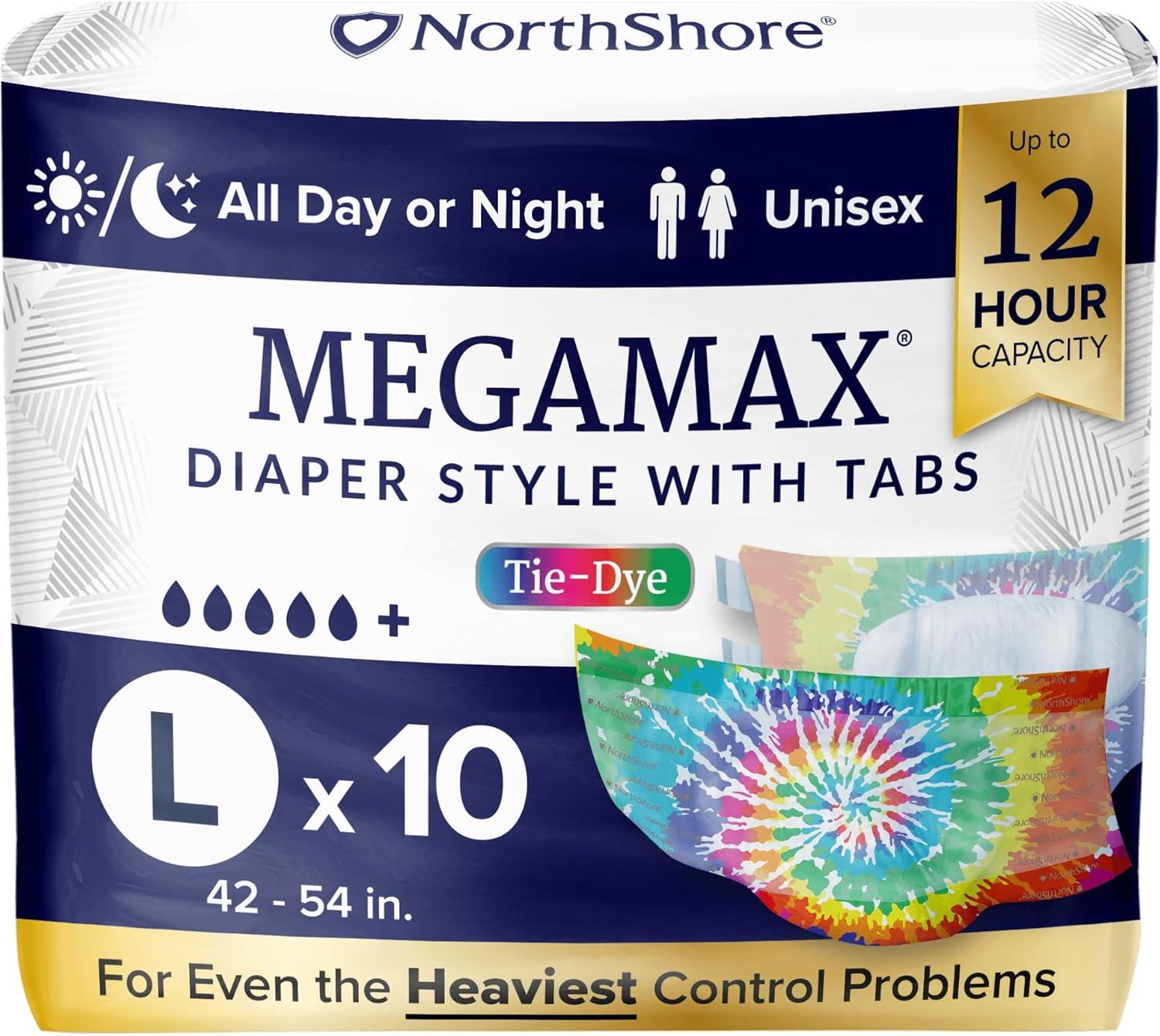image:imageNorthShore MegaMax 12Hour HBL Adult Diapers for Heavy Bladder Leaks Medium 10 Count White 3244 inches TabStyle Incontinence Underwear for Men Women amp TeensTiedye