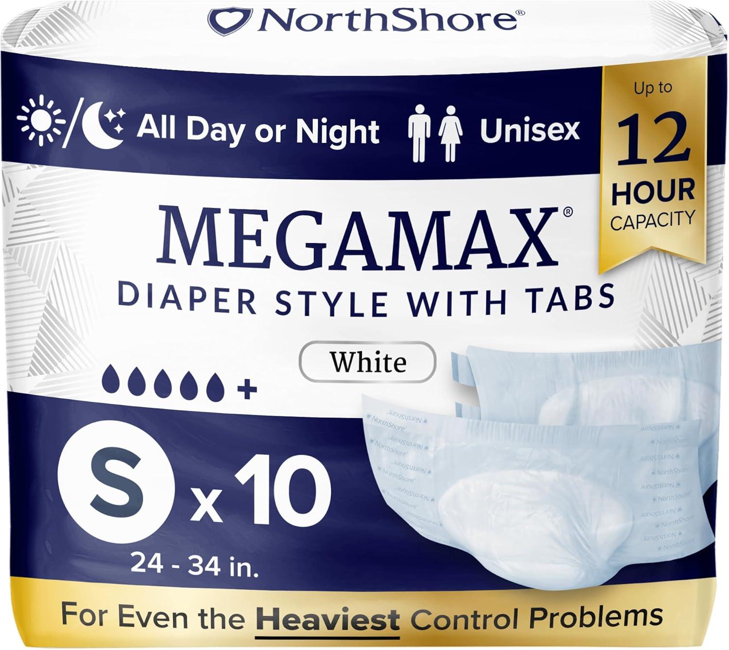 image:imageNorthShore MegaMax 12Hour HBL Adult Diapers for Heavy Bladder Leaks Medium 10 Count White 3244 inches TabStyle Incontinence Underwear for Men Women amp TeensWhite