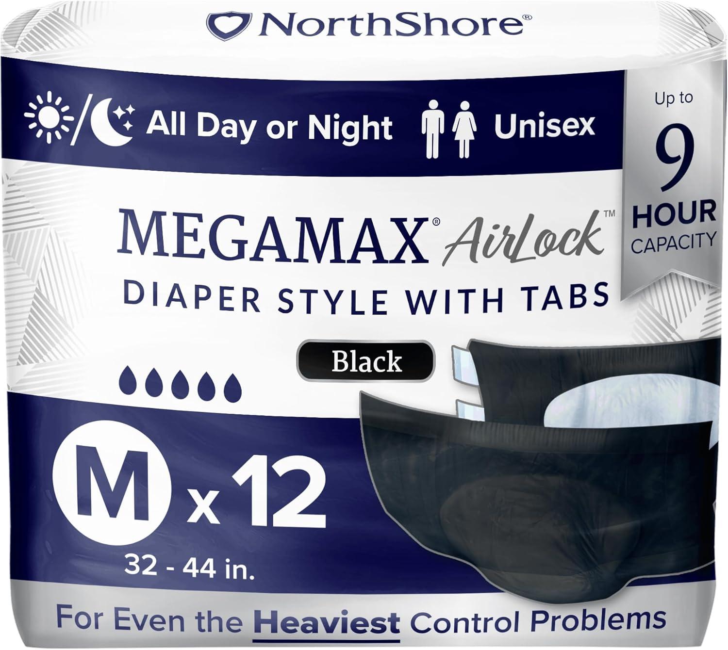 image:imageNorthShore MegaMax AirLock Breathable 9Hour HBL Adult Diapers for Heavy Bladder Leaks Medium 12 Count Black 3244 inches TabStyle Incontinence Underwear for Men Women amp TeensBlack