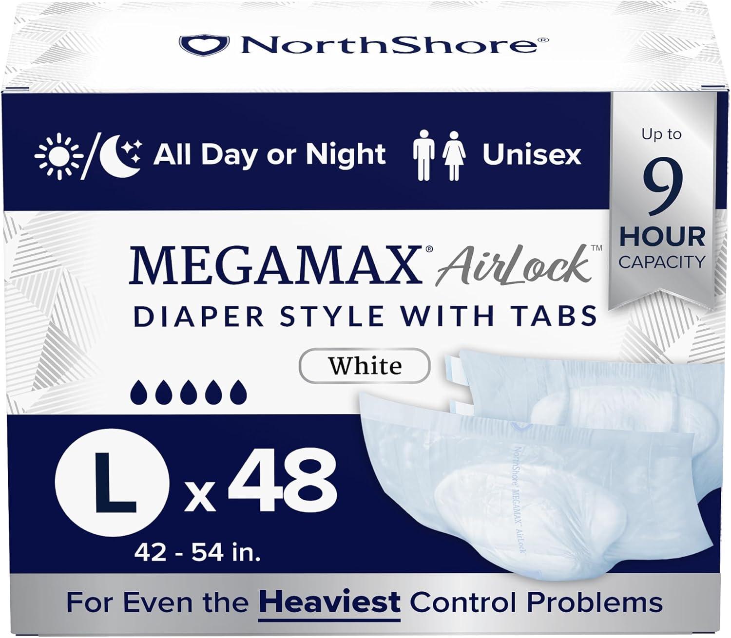 image:imageNorthShore MegaMax AirLock Breathable 9Hour HBL Adult Diapers for Heavy Bladder Leaks Medium 12 Count Black 3244 inches TabStyle Incontinence Underwear for Men Women amp TeensWhite