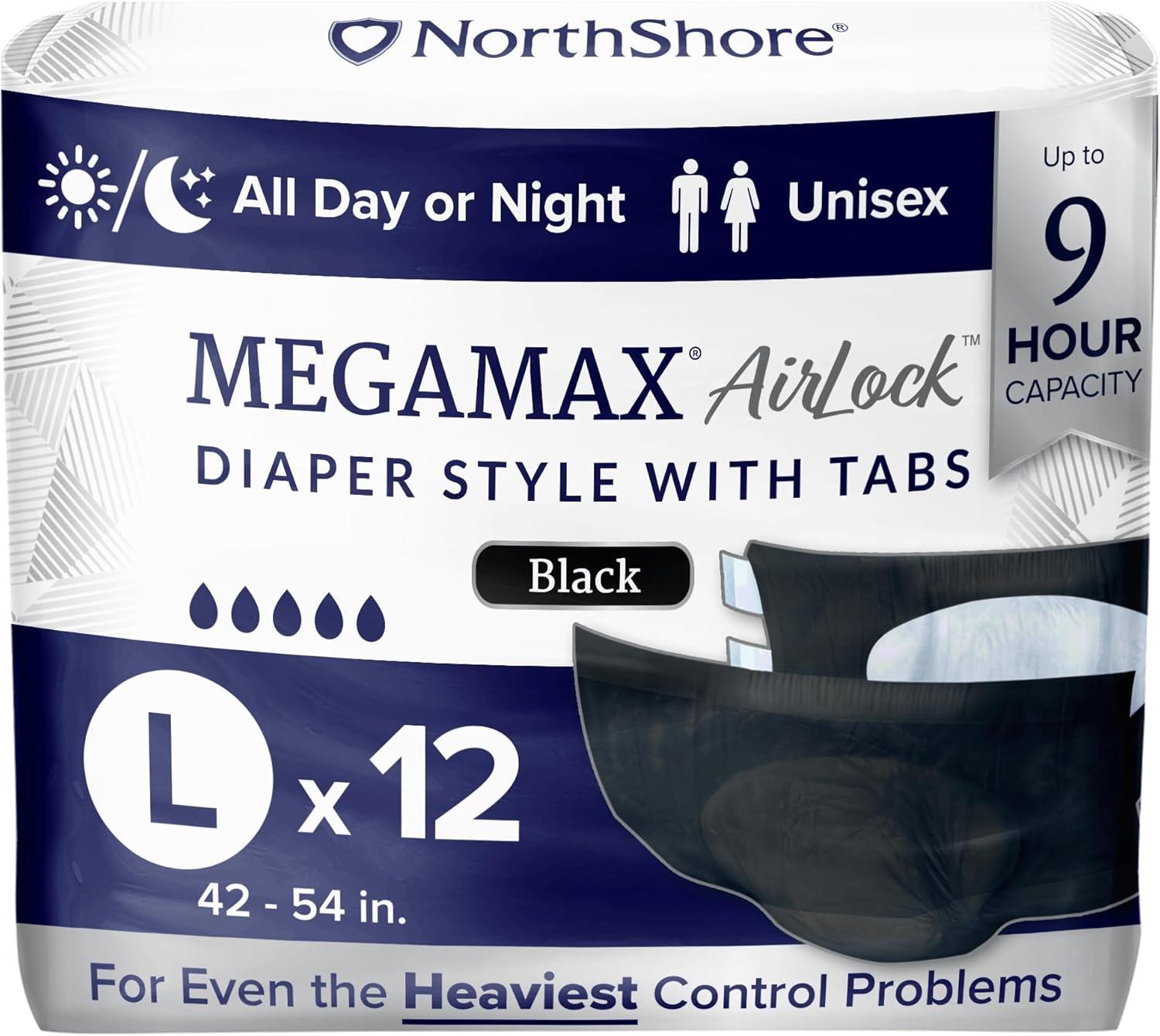 image:imageNorthShore MegaMax AirLock Breathable 9Hour HBL Adult Diapers for Heavy Bladder Leaks Medium 12 Count Black 3244 inches TabStyle Incontinence Underwear for Men Women amp TeensBlack