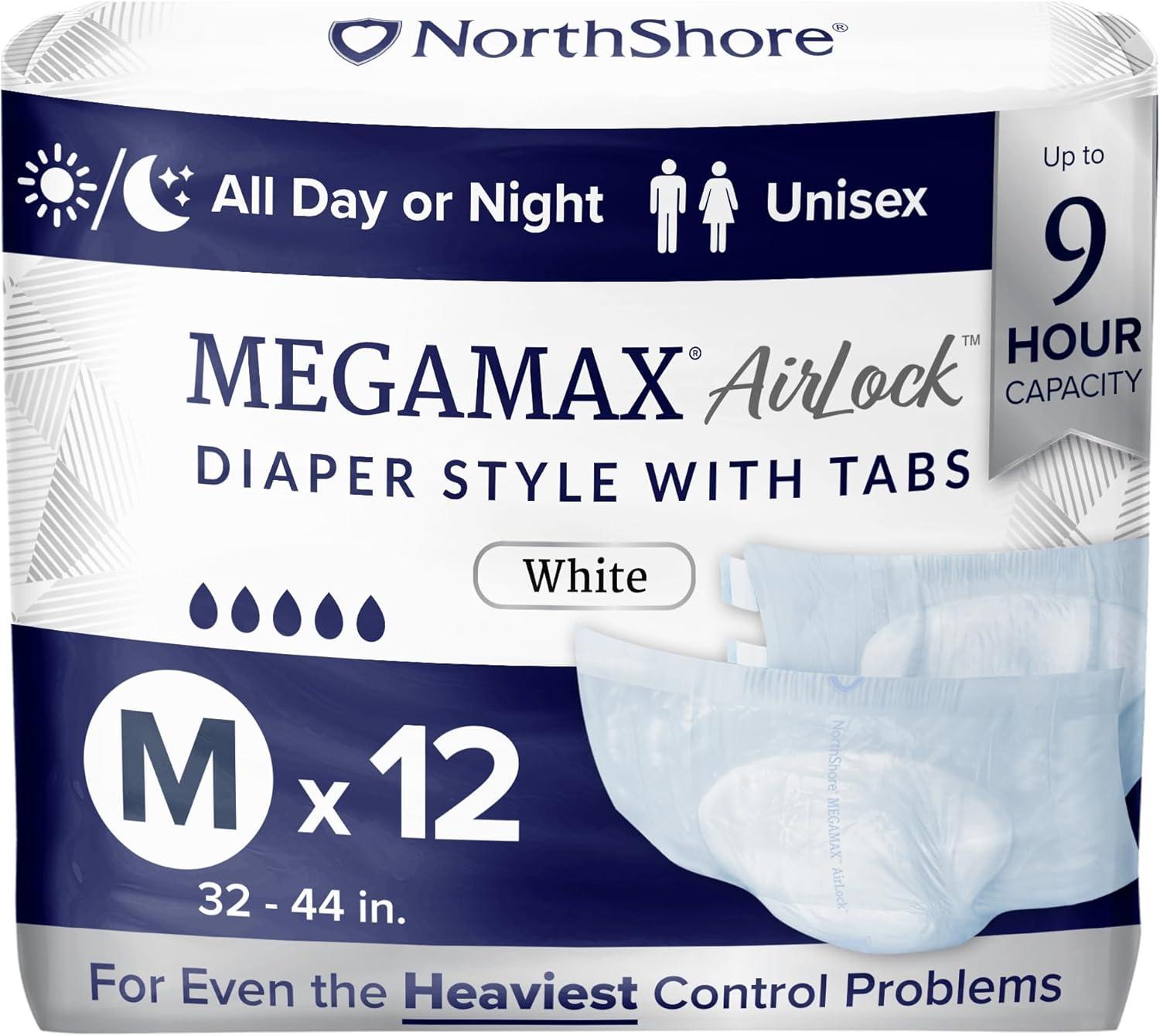 image:imageNorthShore MegaMax AirLock Breathable 9Hour HBL Adult Diapers for Heavy Bladder Leaks Medium 12 Count Black 3244 inches TabStyle Incontinence Underwear for Men Women amp TeensWhite