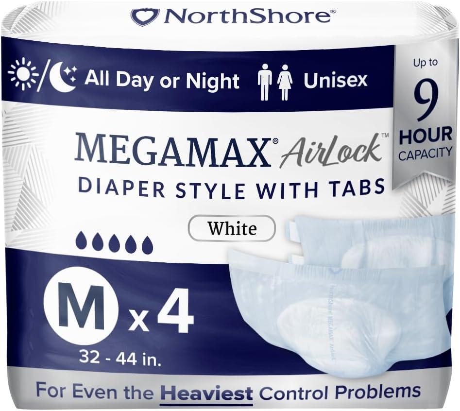 image:imageNorthShore MegaMax AirLock Breathable 9Hour HBL Adult Diapers for Heavy Bladder Leaks Medium 12 Count Black 3244 inches TabStyle Incontinence Underwear for Men Women amp TeensWhite
