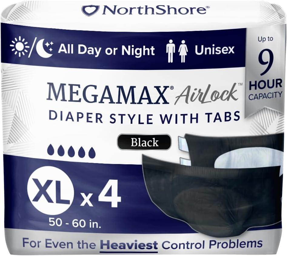 image:imageNorthShore MegaMax AirLock Breathable 9Hour HBL Adult Diapers for Heavy Bladder Leaks Medium 12 Count Black 3244 inches TabStyle Incontinence Underwear for Men Women amp TeensBlack