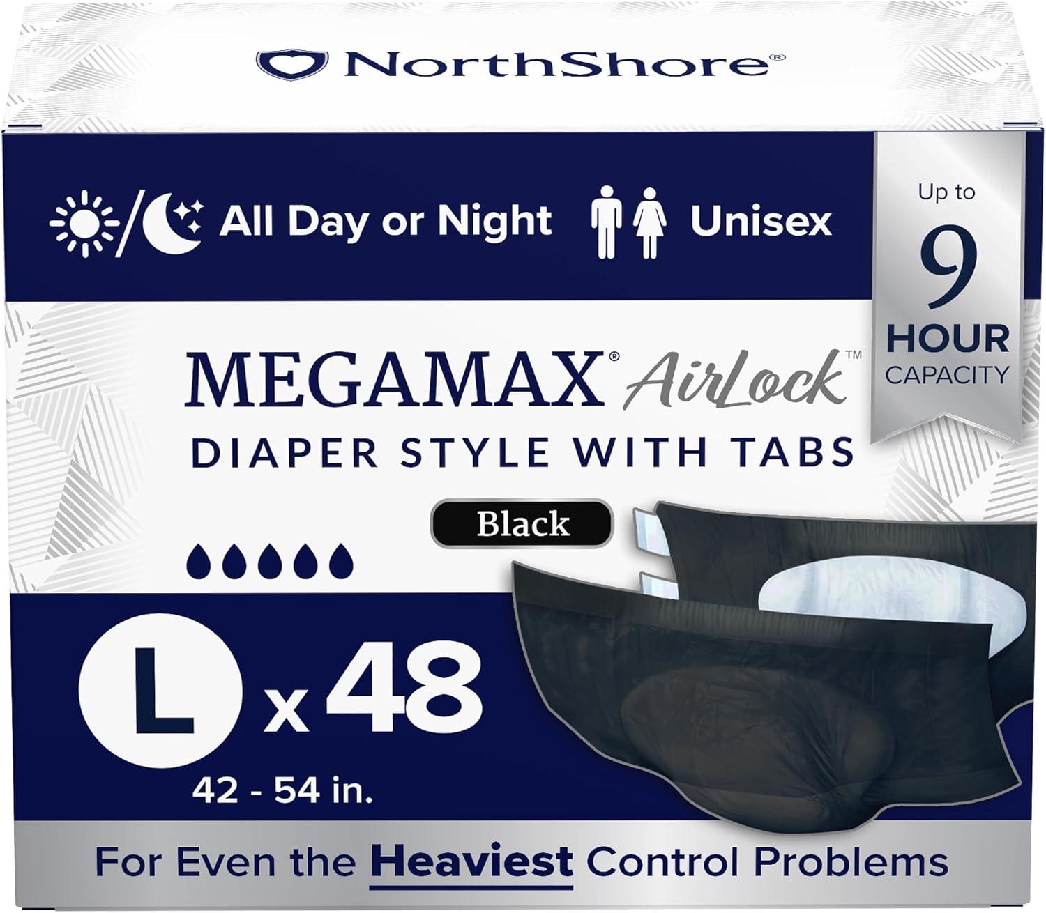 image:imageNorthShore MegaMax AirLock Breathable 9Hour HBL Adult Diapers for Heavy Bladder Leaks Medium 12 Count Black 3244 inches TabStyle Incontinence Underwear for Men Women amp TeensBlack
