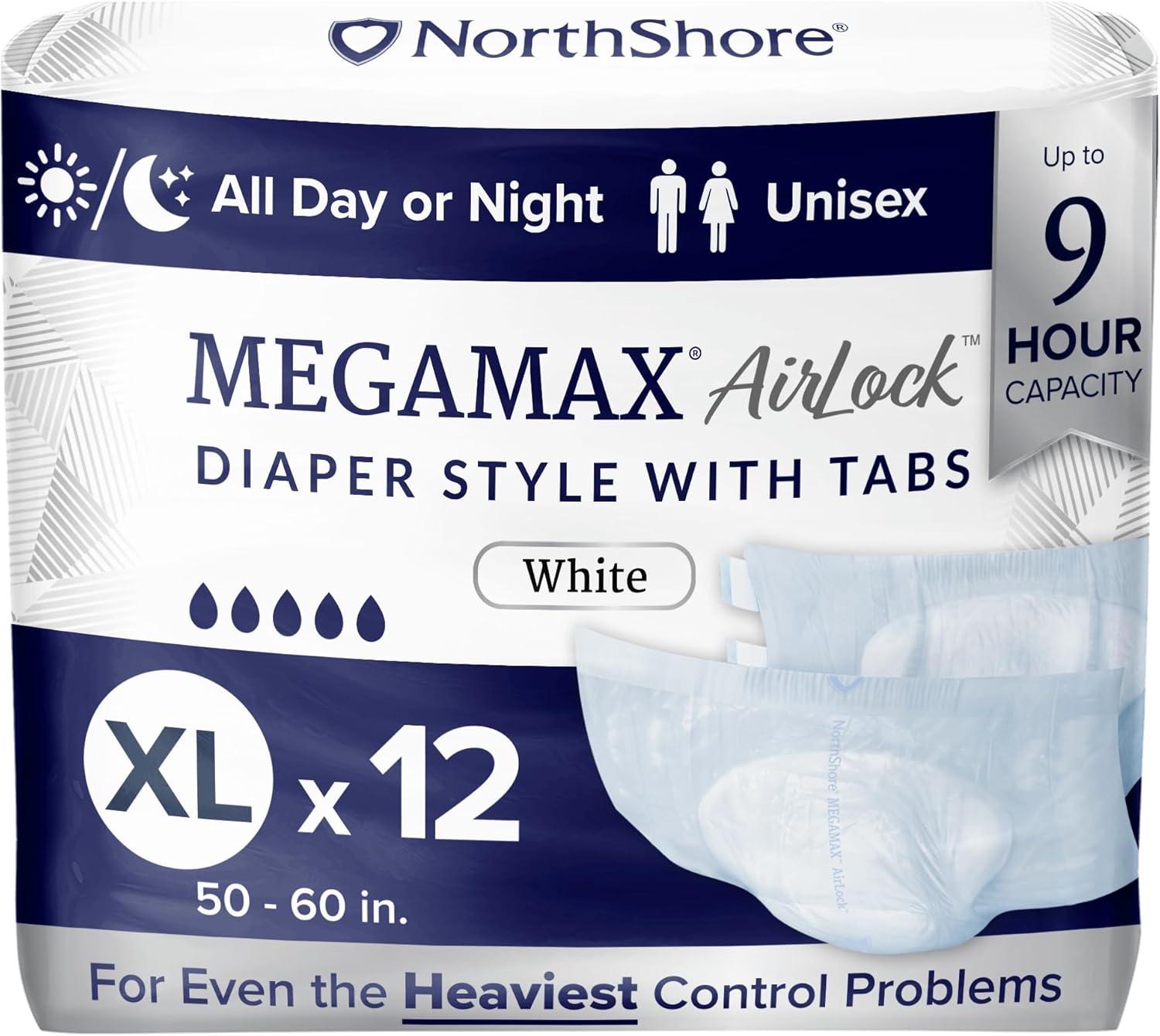 image:imageNorthShore MegaMax AirLock Breathable 9Hour HBL Adult Diapers for Heavy Bladder Leaks Medium 12 Count Black 3244 inches TabStyle Incontinence Underwear for Men Women amp TeensWhite