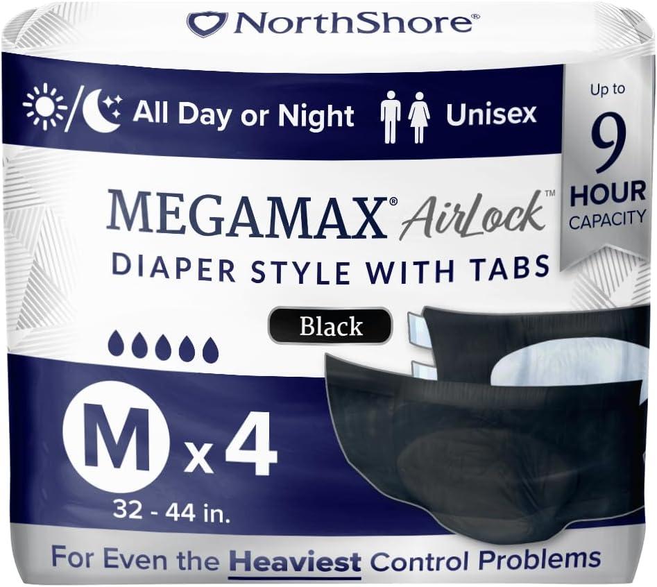 image:imageNorthShore MegaMax AirLock Breathable 9Hour HBL Adult Diapers for Heavy Bladder Leaks Medium 12 Count Black 3244 inches TabStyle Incontinence Underwear for Men Women amp TeensBlack