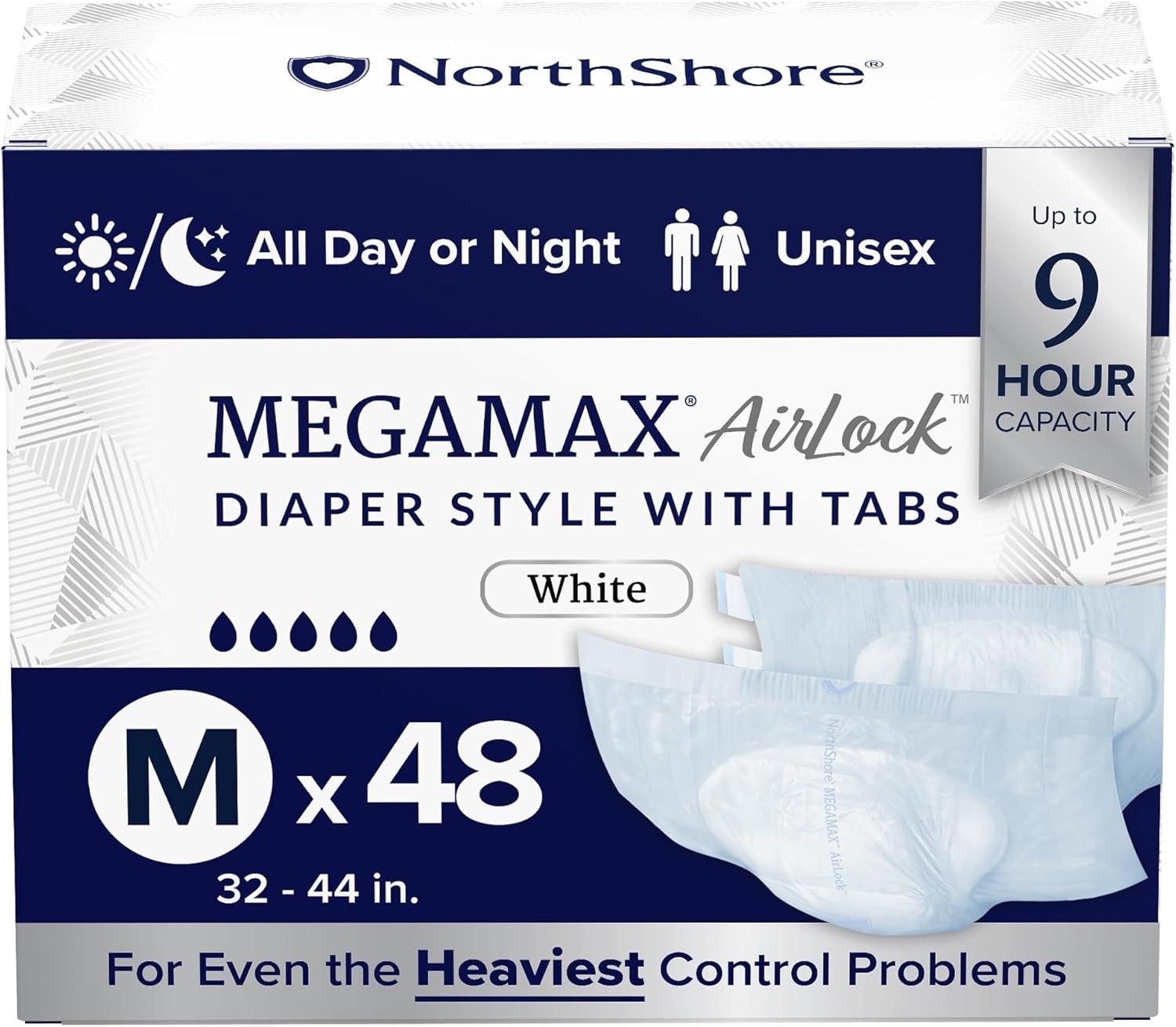 image:imageNorthShore MegaMax AirLock Breathable 9Hour HBL Adult Diapers for Heavy Bladder Leaks Medium 12 Count Black 3244 inches TabStyle Incontinence Underwear for Men Women amp TeensWhite