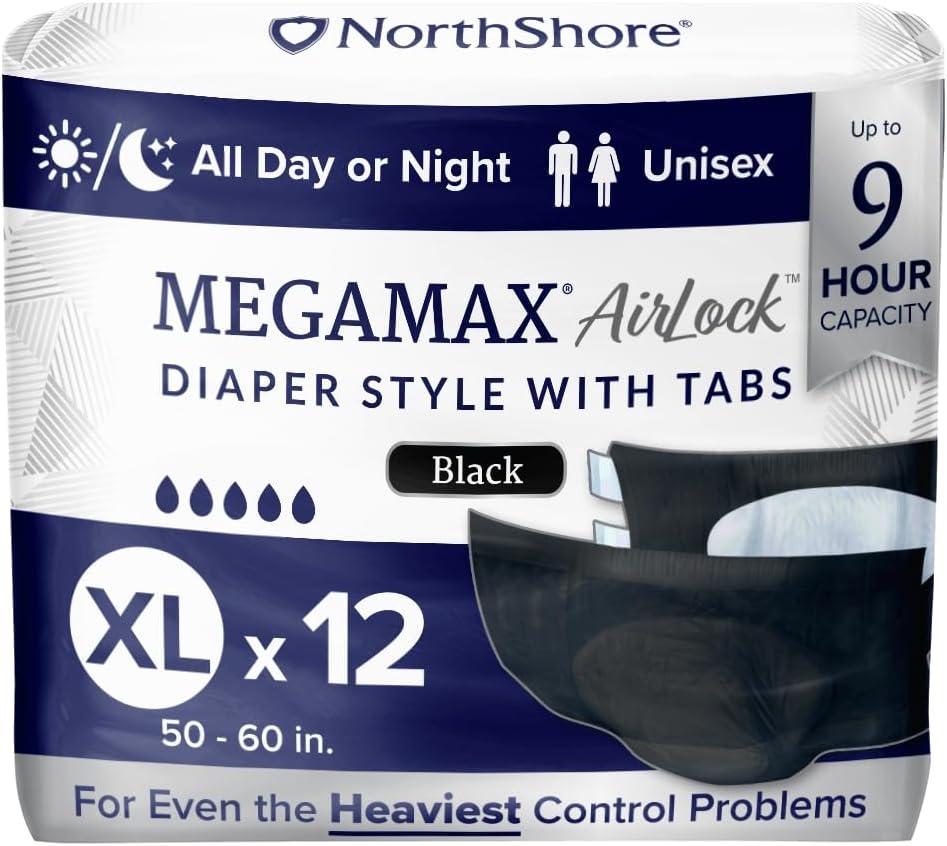 image:imageNorthShore MegaMax AirLock Breathable 9Hour HBL Adult Diapers for Heavy Bladder Leaks Medium 12 Count Black 3244 inches TabStyle Incontinence Underwear for Men Women amp TeensBlack