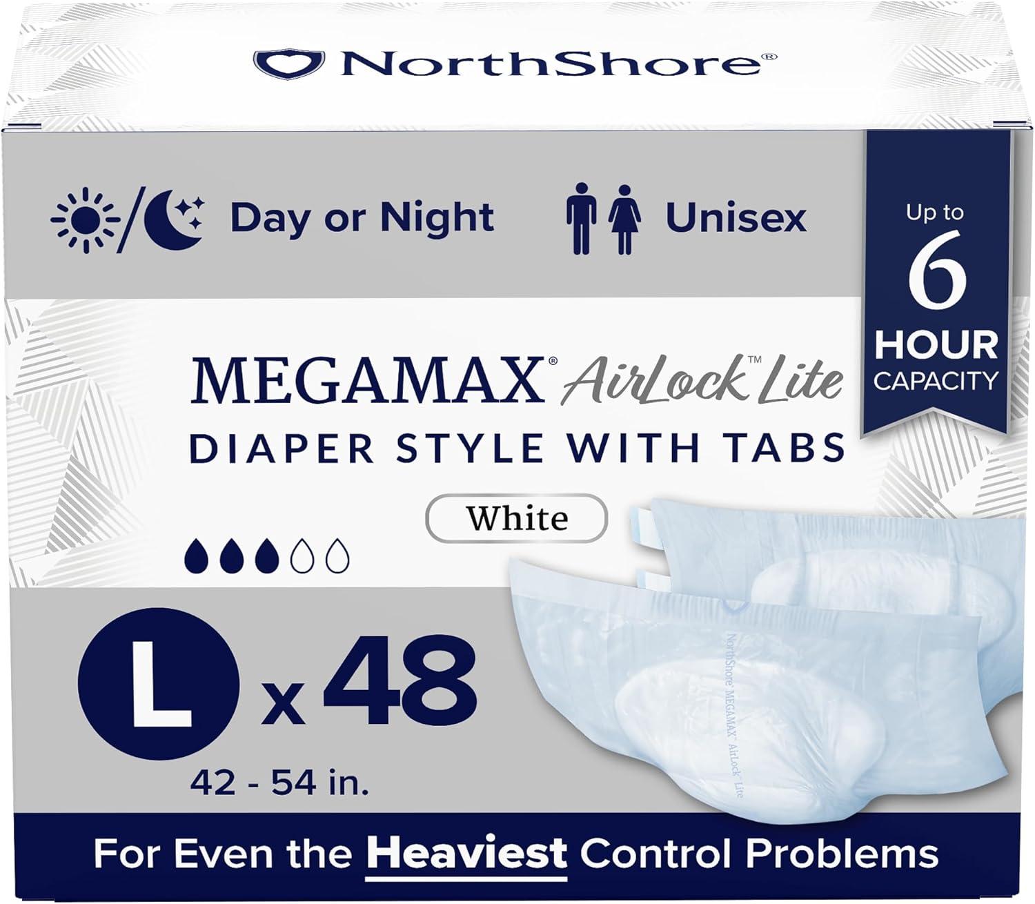 image:imageNorthShore MegaMax AirLock Lite Breathable 6Hour TabStyle Adult Diapers Medium 12 Count Bag White 3244 inches Unisex Incontinence UnderwearWhite