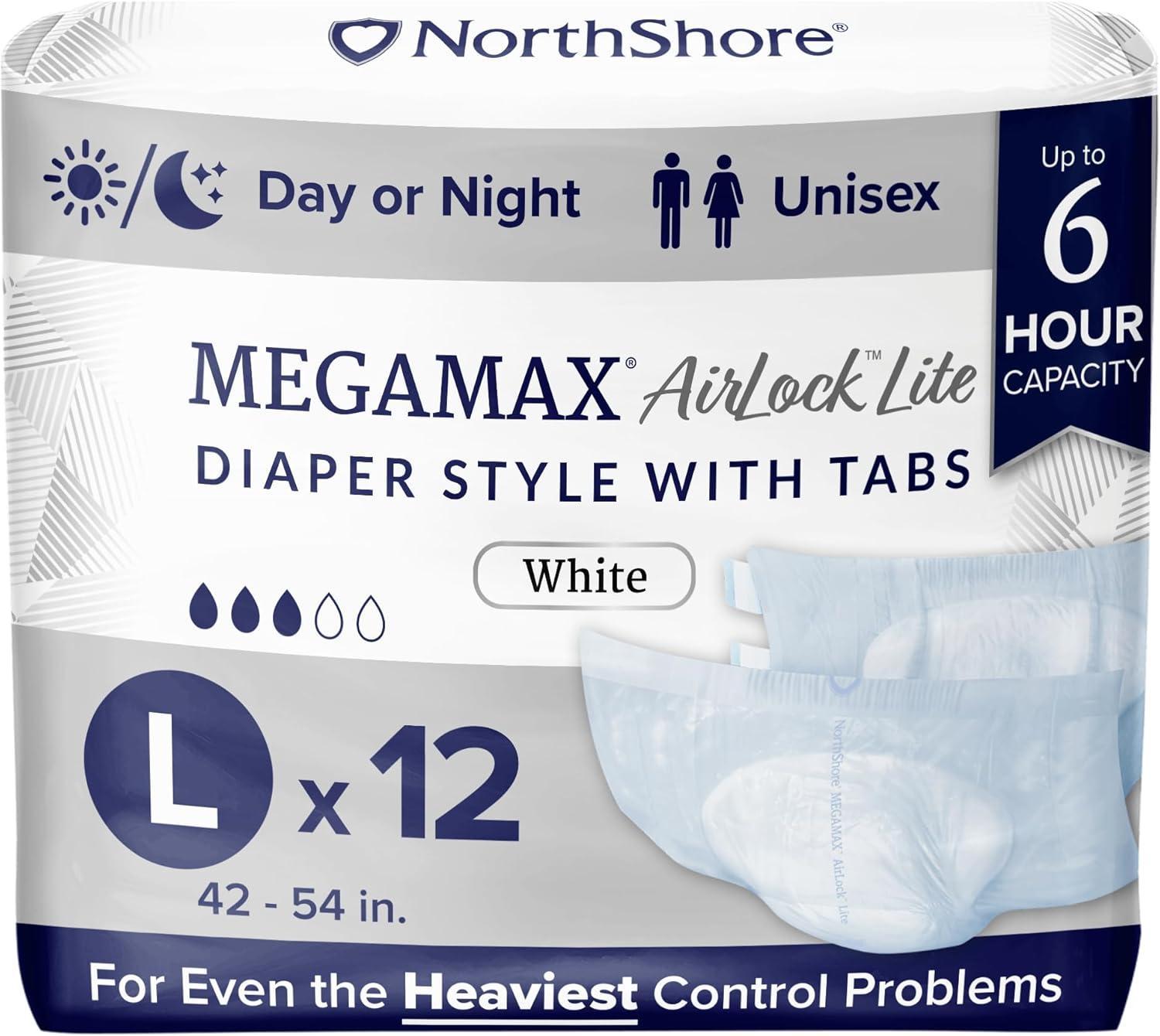 image:imageNorthShore MegaMax AirLock Lite Breathable 6Hour TabStyle Adult Diapers Medium 12 Count Bag White 3244 inches Unisex Incontinence UnderwearWhite