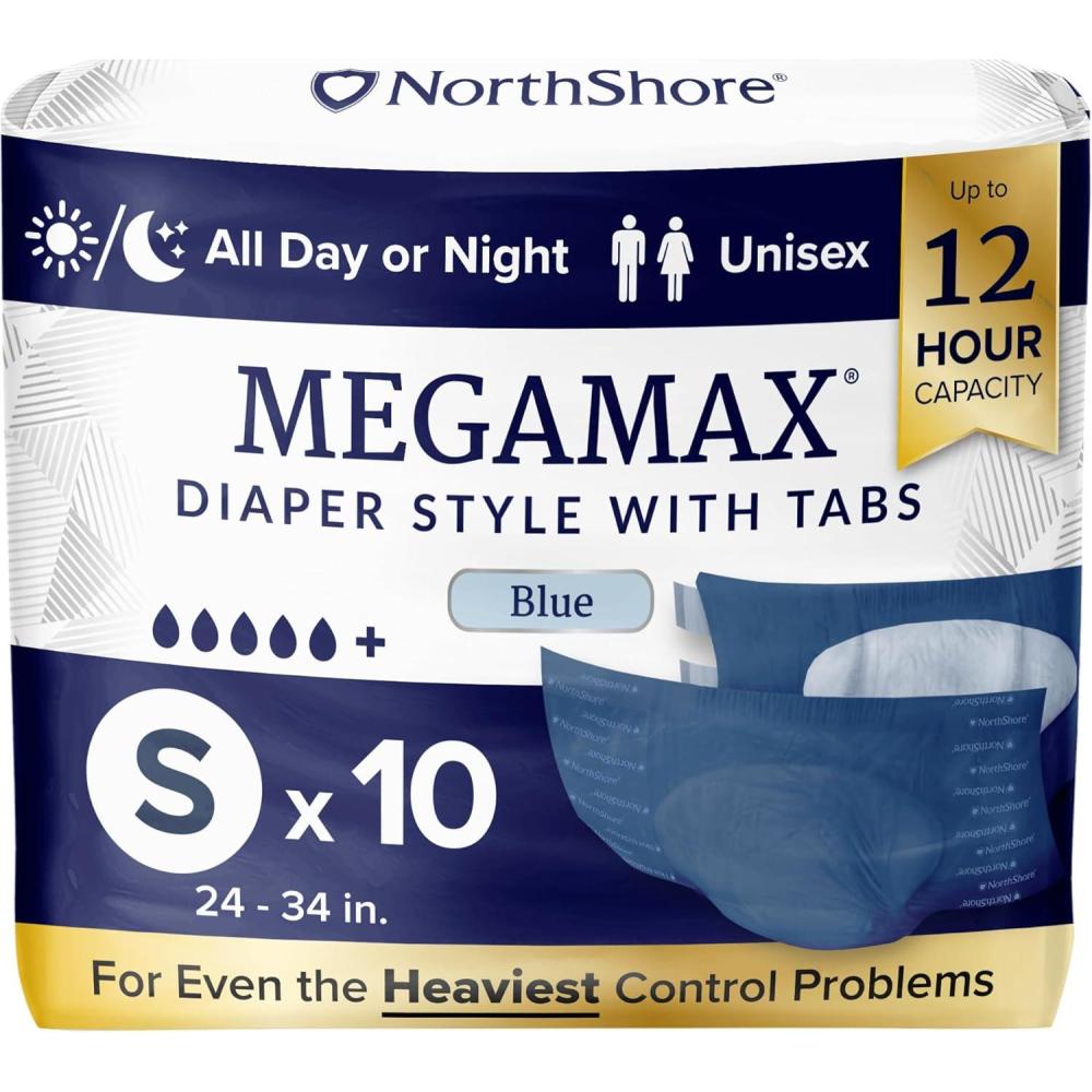 image:imageNorthShore MegaMax 12Hour HBL Adult Diapers for Heavy Bladder Leaks Medium 10 Count White 3244 inches TabStyle Incontinence Underwear for Men Women amp TeensBlue