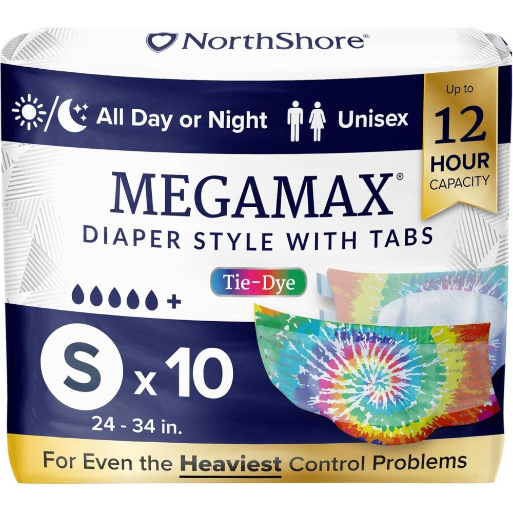 image:imageNorthShore MegaMax 12Hour HBL Adult Diapers for Heavy Bladder Leaks Medium 10 Count White 3244 inches TabStyle Incontinence Underwear for Men Women amp TeensTiedye