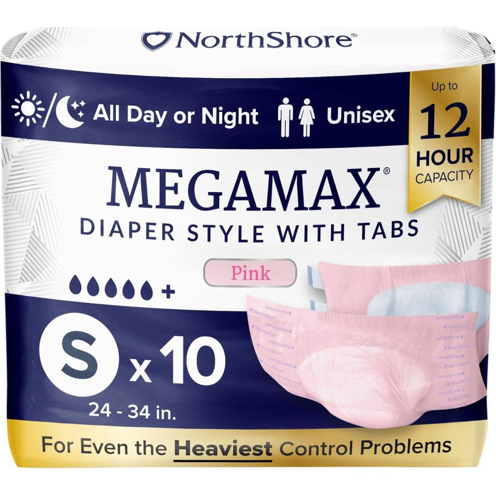 image:imageNorthShore MegaMax 12Hour HBL Adult Diapers for Heavy Bladder Leaks Medium 10 Count White 3244 inches TabStyle Incontinence Underwear for Men Women amp TeensPink
