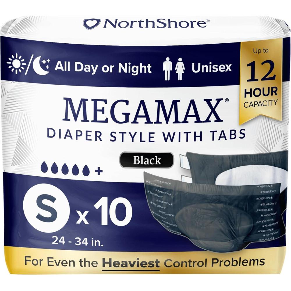 image:imageNorthShore MegaMax 12Hour HBL Adult Diapers for Heavy Bladder Leaks Medium 10 Count White 3244 inches TabStyle Incontinence Underwear for Men Women amp TeensBlack