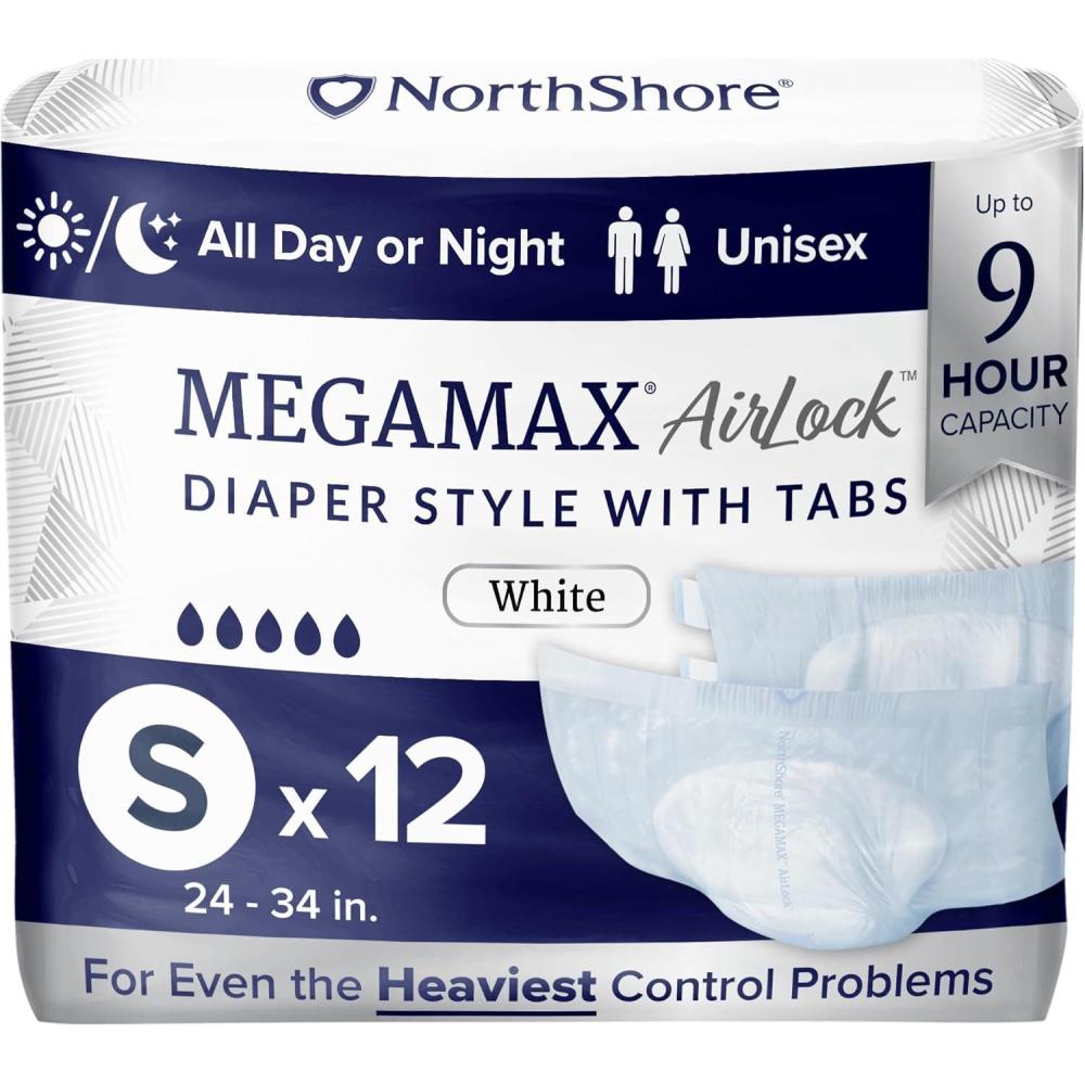 image:imageNorthShore MegaMax AirLock Breathable 9Hour HBL Adult Diapers for Heavy Bladder Leaks Medium 12 Count Black 3244 inches TabStyle Incontinence Underwear for Men Women amp TeensWhite