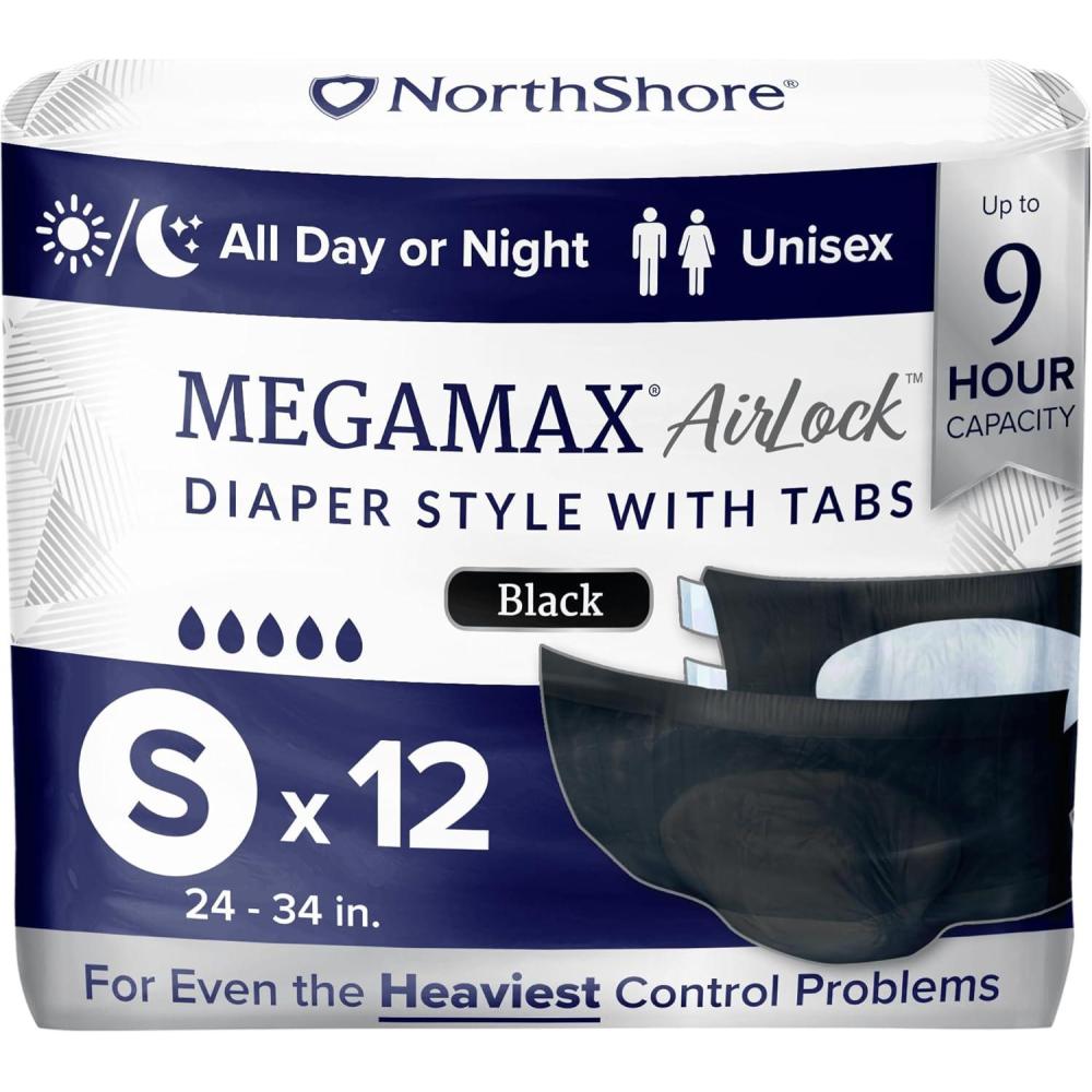 image:imageNorthShore MegaMax AirLock Breathable 9Hour HBL Adult Diapers for Heavy Bladder Leaks Medium 12 Count Black 3244 inches TabStyle Incontinence Underwear for Men Women amp TeensBlack