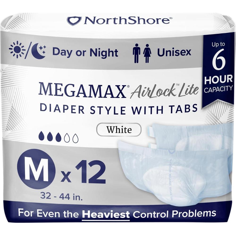 image:imageNorthShore MegaMax AirLock Lite Breathable 6Hour TabStyle Adult Diapers Medium 12 Count Bag White 3244 inches Unisex Incontinence UnderwearWhite